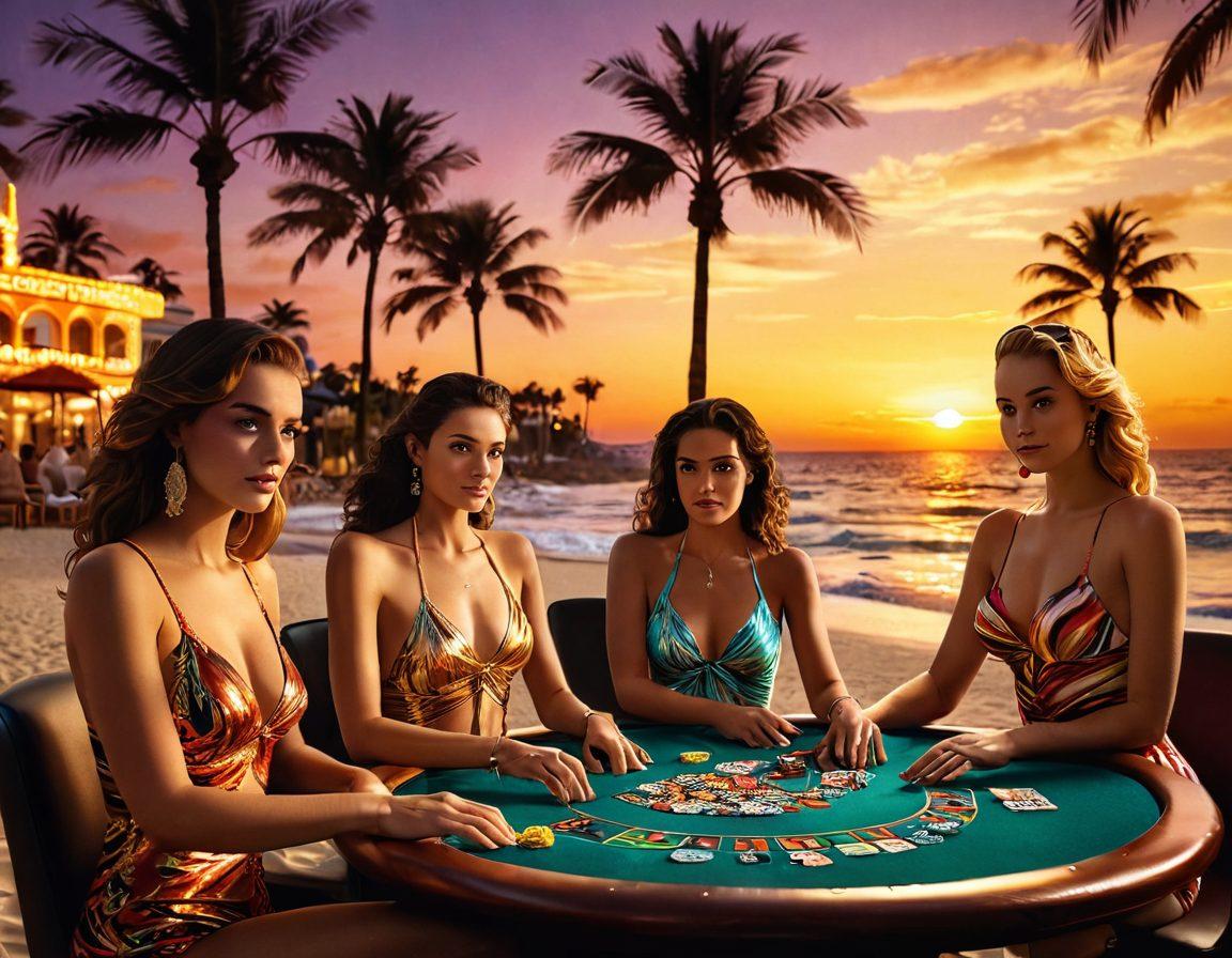 A luxurious beach scene merging seamlessly into a glamorous casino interior. In the foreground, elegantly dressed individuals in stylish swimwear show off their looks while holding casino chips and drinks. Palm trees sway in the background, with waves rolling in on one side and a vibrant poker table on the other, complete with colorful cards and tokens. The lighting is golden to represent sunset, casting a warm glow over the whole scene. super-realistic. vibrant colors. blend of beach and casino themes.