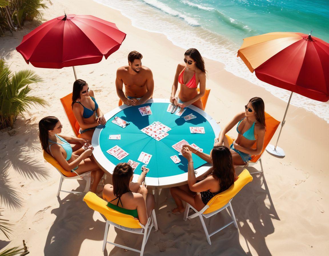 A vibrant beach scene featuring stylish swimwear models lounging around a poker table, with colorful beach umbrellas and ocean waves in the background. The models showcase various trendy swimwear styles and hold playing cards, embodying a fun mix of relaxation and gaming strategy. Bright sunlight illuminates the scene, creating an inviting atmosphere. beach vibes, fashion, and gambling elements combined. super-realistic. vibrant colors.